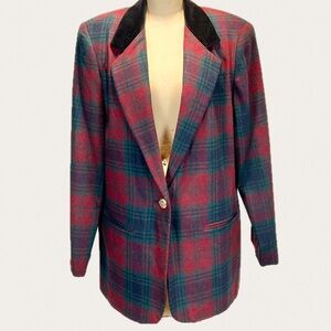 VINTAGE 80s tartan plaid wool blazer suit jacket women’s‎ velvet collar lapel